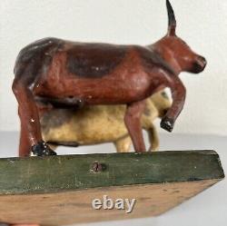 Antique 19th Century Folk Art Carved Wood Painted Cows Bulls Sculpture Americana