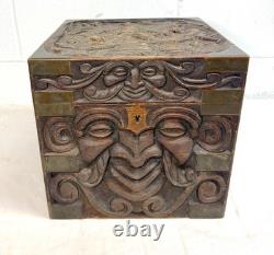 Antique 19th century Victorian hand carved wood brass Folk Art sculptural box