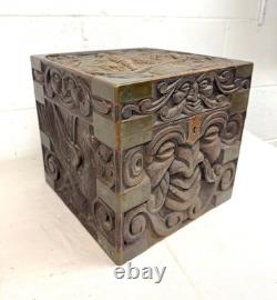Antique 19th century Victorian hand carved wood brass Folk Art sculptural box