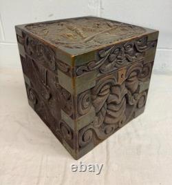 Antique 19th century Victorian hand carved wood brass Folk Art sculptural box