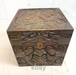 Antique 19th century Victorian hand carved wood brass Folk Art sculptural box