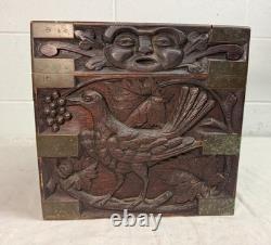 Antique 19th century Victorian hand carved wood brass Folk Art sculptural box
