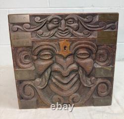 Antique 19th century Victorian hand carved wood brass Folk Art sculptural box