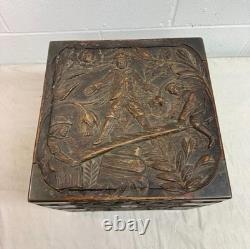 Antique 19th century Victorian hand carved wood brass Folk Art sculptural box