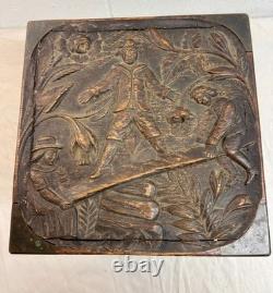 Antique 19th century Victorian hand carved wood brass Folk Art sculptural box