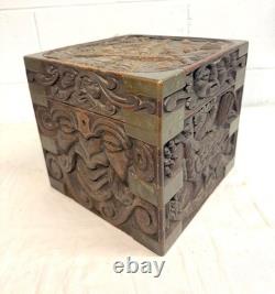 Antique 19th century Victorian hand carved wood brass Folk Art sculptural box