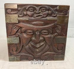 Antique 19th century Victorian hand carved wood brass Folk Art sculptural box