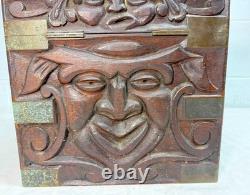 Antique 19th century Victorian hand carved wood brass Folk Art sculptural box