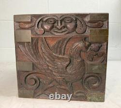 Antique 19th century Victorian hand carved wood brass Folk Art sculptural box