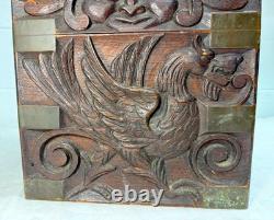 Antique 19th century Victorian hand carved wood brass Folk Art sculptural box