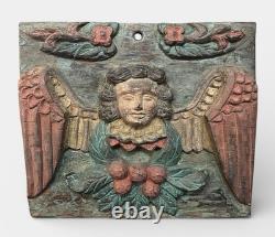 Antique 20th C Folk Art Baroque Carved Colored Angel Wooden Wall Panel