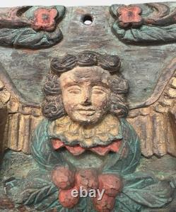 Antique 20th C Folk Art Baroque Carved Colored Angel Wooden Wall Panel