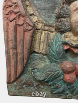 Antique 20th C Folk Art Baroque Carved Colored Angel Wooden Wall Panel