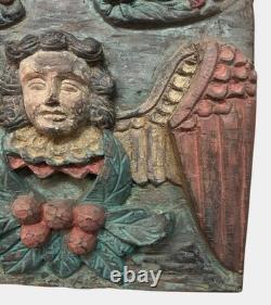 Antique 20th C Folk Art Baroque Carved Colored Angel Wooden Wall Panel