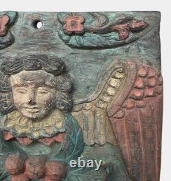 Antique 20th C Folk Art Baroque Carved Colored Angel Wooden Wall Panel