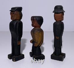 Antique 3 CARVED PAINTED WOOD COPS & ROBBER WOOD FIGURES AMERICAN FOLK ART