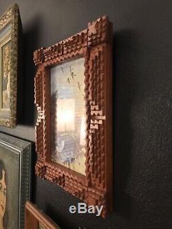 Antique American Carved WOOD TRAMP ART PICTURE FRAME Layered Wooden Folk Art