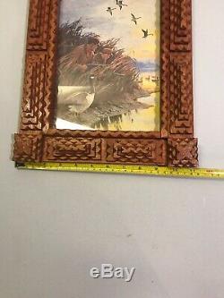 Antique American Carved WOOD TRAMP ART PICTURE FRAME Layered Wooden Folk Art