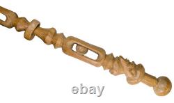 Antique American Folk Art Carved Wood Cane with Head & Dual Captive Balls 1900s