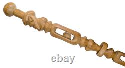 Antique American Folk Art Carved Wood Cane with Head & Dual Captive Balls 1900s