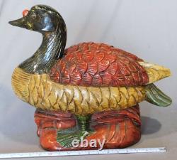 Antique American Folk Art Carved Wood Goose Bird Polychrome Paint c1900 18
