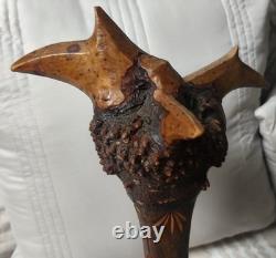 Antique American Folk Art Carved Wooden Staff Cane with Burl Head, Mythic Figure