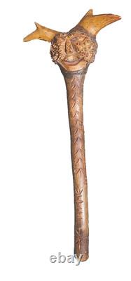 Antique American Folk Art Carved Wooden Staff Cane with Burl Head, Mythic Figure