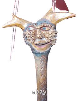 Antique American Folk Art Carved Wooden Staff Cane with Burl Head, Mythic Figure