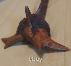 Antique American Folk Art Carved Wooden Staff Cane with Burl Head, Mythic Figure