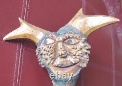 Antique American Folk Art Carved Wooden Staff Cane with Burl Head, Mythic Figure