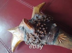 Antique American Folk Art Carved Wooden Staff Cane with Burl Head, Mythic Figure