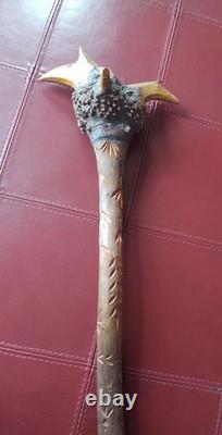 Antique American Folk Art Carved Wooden Staff Cane with Burl Head, Mythic Figure