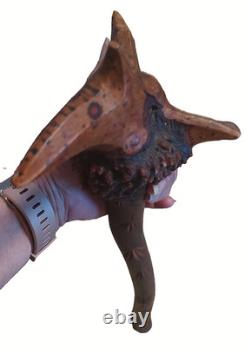 Antique American Folk Art Carved Wooden Staff Cane with Burl Head, Mythic Figure