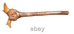 Antique American Folk Art Carved Wooden Staff Cane with Burl Head, Mythic Figure