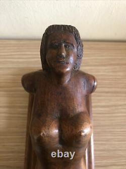Antique American Folk Art Erotic Women Figurine, Carved Redwood, circa 1900