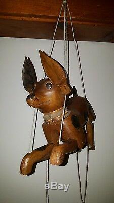 Antique American Folk Art Marionette Dog Beagle Wood Carving Articulated Head