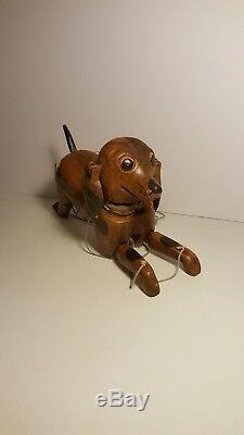 Antique American Folk Art Marionette Dog Beagle Wood Carving Articulated Head