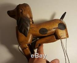 Antique American Folk Art Marionette Dog Beagle Wood Carving Articulated Head