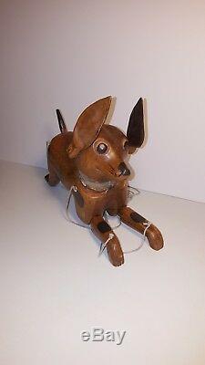 Antique American Folk Art Marionette Dog Beagle Wood Carving Articulated Head