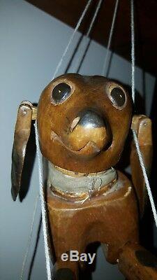 Antique American Folk Art Marionette Dog Beagle Wood Carving Articulated Head