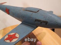 Antique American Folk Art Wood Carved Fighter Plane Stars Stripes Propeller Wow