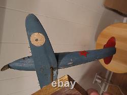 Antique American Folk Art Wood Carved Fighter Plane Stars Stripes Propeller Wow