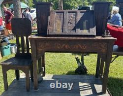 Antique Arts & Crafts Carved Pyrography Desk & Chair Tramp Folk Art AAFA 1910s
