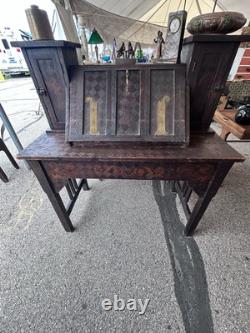 Antique Arts & Crafts Carved Pyrography Desk & Chair Tramp Folk Art AAFA 1910s