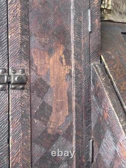 Antique Arts & Crafts Carved Pyrography Desk & Chair Tramp Folk Art AAFA 1910s