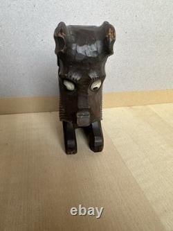 Antique Asian Hand Carved Wooden Dog Sculpture Inlaid Eyes Folk Art