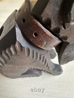 Antique Asian Hand Carved Wooden Dog Sculpture Inlaid Eyes Folk Art