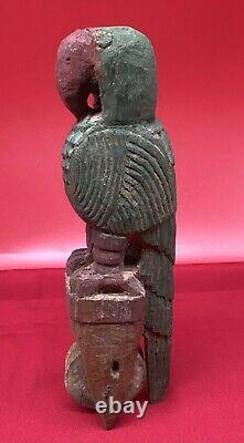 Antique Asian Loom PULLEY Hand Carved Parrot BIRD rare handmade folk art old