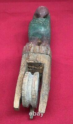 Antique Asian Loom PULLEY Hand Carved Parrot BIRD rare handmade folk art old