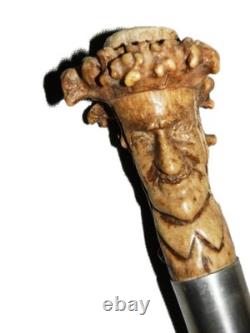 Antique British Hallmarked Silver 1903 Carved Head Folk Art Walking Stick Cane